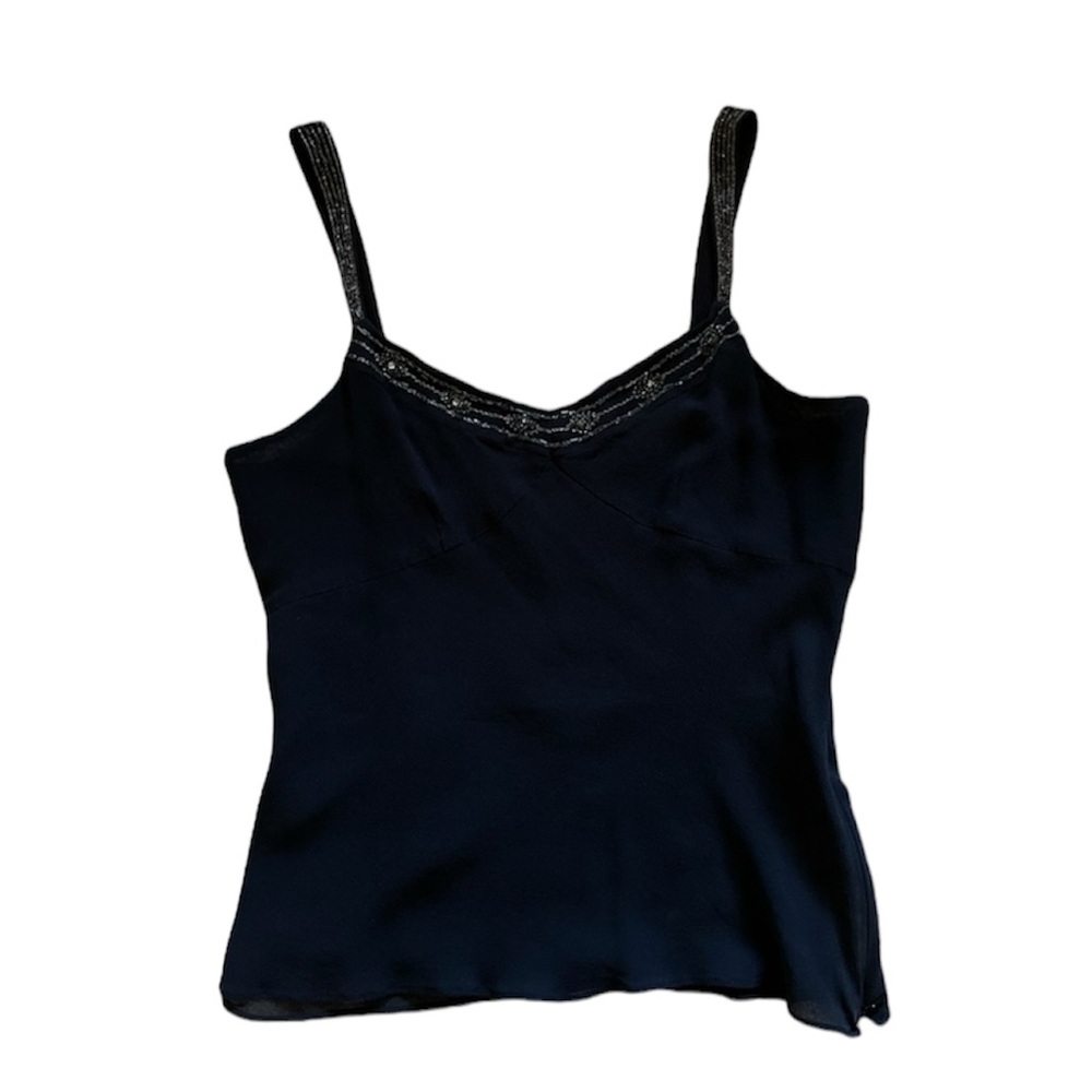 Y2K 100% Silk Black Beaded Neckline Tank Top